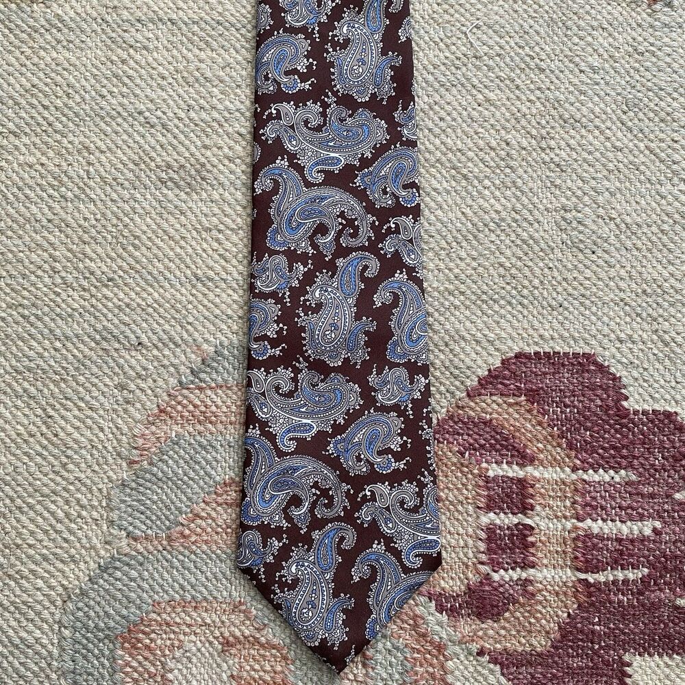 Vintage 70s Paisley Tie Narrow Polyester Brown Blue Mod